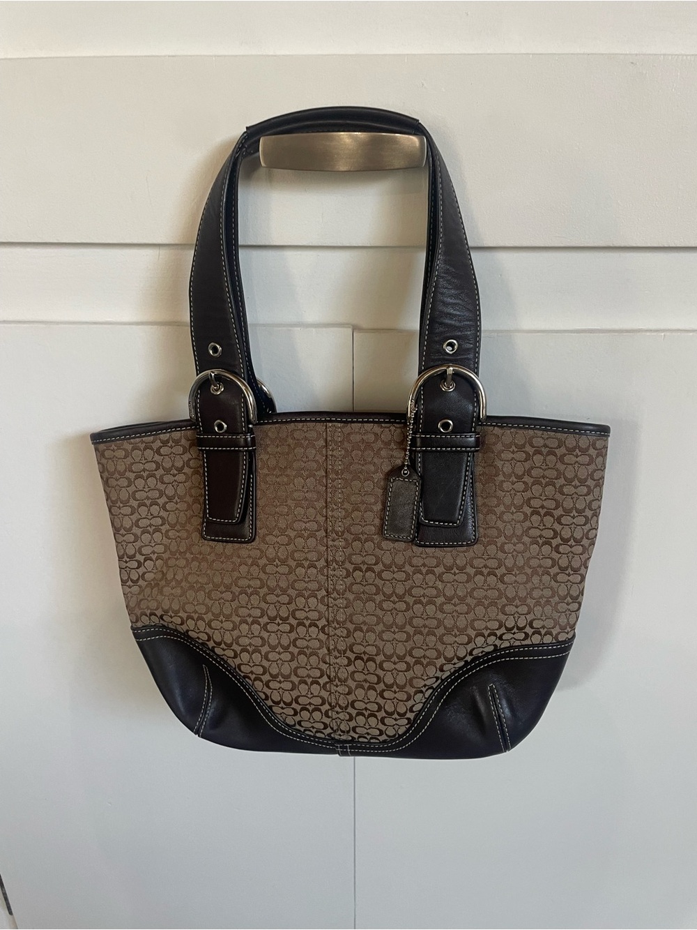 Coach Tan Signature Canvas Tote with Dark Brown Leather Trim